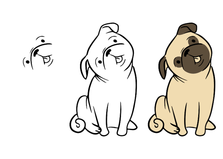 Step-by-step drawing process of sitting Pug