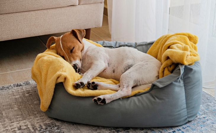 A small dog lying down on a round bed