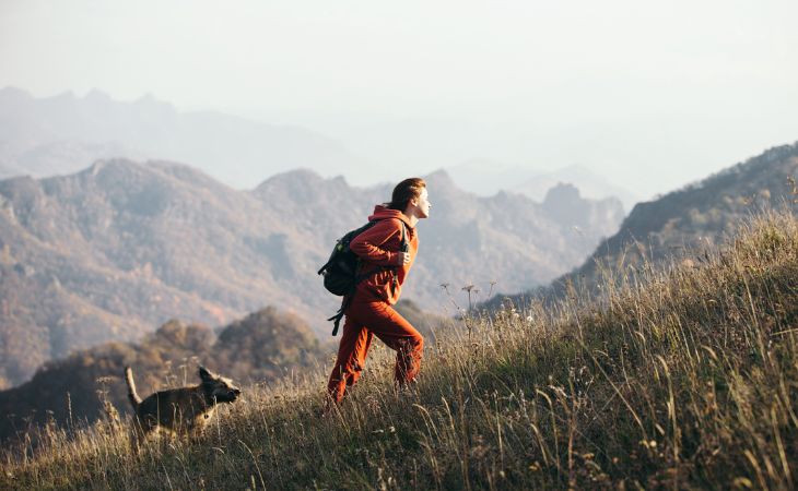 Dog walk behind owner in the mountains